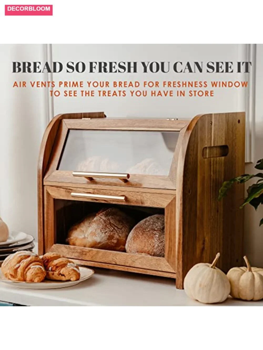 Acacia Wood Bread Box with Plexiglass Windows + Bamboo Bread Slicer